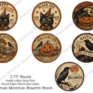 May include: A set of seven round paper labels featuring vintage-style Halloween illustrations including black cats, pumpkins, scarecrows, and ravens. The designs include text such as Happy Halloween, Black Cat Brand, Autumn Blessings, and Raven's Witching Hour. Each label is 2.75 inches in diameter.