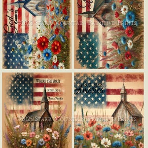 Set di 4 etichette stampabili con immagini digitali Jpeg da 4"x5" con bandiera americana, bandiera americana, fiori selvatici, chiesa, fattoria primitiva e ispirazione.
