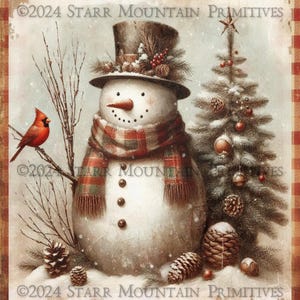 Primitive Farmhouse Woodland Snowman Christmas Tree Cardinal Gingham Printable Jpeg Digital Print Decoupage Label Hang Tag Ornament 8x10