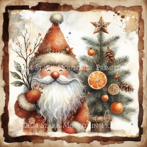 Primitive Farmhouse Whimsical Old World Woodland Santa Claus Christmas Printable Jpeg Digital Print Decoupage Label Hang Tag Ornament 8x8