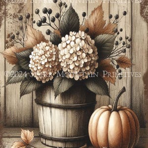 Primitiver Herbst Herbst Hortensien Bouquet Holzeimer Kürbis Print Label Jpeg Digital Bild Printable 8x10 Tag Canvas Decoupage Reispapier