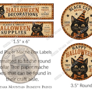 Op de afbeelding: Een collectie Halloween-labels in vintage-stijl met zwarte katten met oranje strikjes en feesthoedjes. De set bevat twee rechthoekige stroken van 3,8 cm bij 15,2 cm en twee ronde labels van 8,9 cm met teksten zoals Black Cat Brand en Happy Halloween.