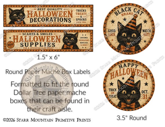 Primitive Vintage Black Cat Halloween Paper Mache Box Top Label Labels Tags tag Ornie Formatted for the Dollar Tree Craft Boxes