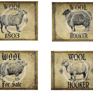 May include: Four vintage-style rectangular signs with illustrations of sheep. Each sign features the word "WOOL" at the top, with additional text below, including "1803", "HOOKER", and "For Sale". The signs have a distressed, aged appearance.