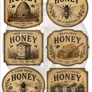 May include: A collection of vintage-style honey labels with illustrations of beehives, bees, and honeycombs. The labels feature text such as "Pure & Natural Honey," "Farm Fresh Honey," and "Wildflower Honey." The labels are in shades of brown and beige.