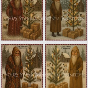 Puede incluir: Juego de cuatro impresiones de escena nevada primitiva Belsnickel de 10 cm x 13 cm. Cada impresión presenta una figura con una túnica con capucha, un árbol de Navidad decorado, regalos envueltos y un paisaje nevado con ovejas y una cabaña. Estética vintage.