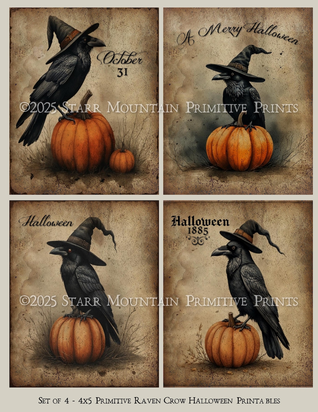 Primitive Halloween Crow Witch Hat Pumpkin October 31 JOL Set of 4 4x5 ...