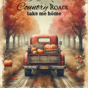 Imagen digital Jpeg de camión rojo rústico de otoño con calabazas y caminos rurales, imprimible en formato de 8 x 10, para decoupage, de granja primitiva