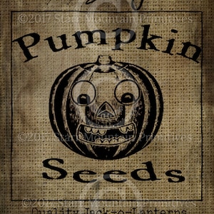 Primitive Pumpkin Seeds Burlap Feedsack Seed Packet  Pantry Logo Jar Crock Crate book Label Jpeg Digital File Candle Doll Making Supply