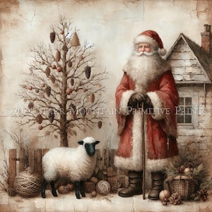 Primitive Farmhouse Grungy Old World Santa Claus Christmas Tree Sheep Printable 8x10 Jpeg Digital Print Decoupage Label Tag Ornament Card