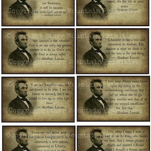 Puede incluir: Un conjunto de seis tarjetas imprimibles de estilo vintage con citas de Abraham Lincoln. Cada tarjeta tiene un retrato sepia de Lincoln y una cita en una fuente decorativa. Las citas son: "América nunca será destruida desde el exterior...", "Y al final, no son los años de tu vida los que cuentan...", "Mi preocupación no es si Dios está de nuestro lado...", "El carácter es como un árbol y la reputación su sombra...", "No estoy obligado a ganar, pero sí a ser verdadero...", y "Hace ochenta y siete años, nuestros padres dieron a luz en este continente..."