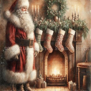 Primitive Farmhouse Old World Santa Claus Christmas Fireplace Stockings Printable 8x10 Jpeg Digital Print Decoupage Label Tag Ornament Card