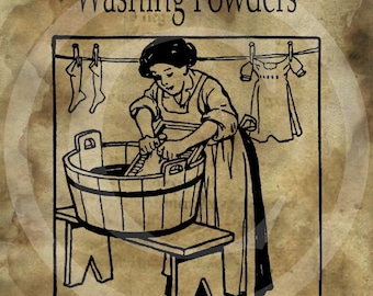 Op de afbeelding: Vintage advertentie voor Lander's Best waspoeders. De zwart-wit illustratie toont een vrouw die de was doet in een houten tobbe. Tekst bevat "Fast Acting, Quick Dissolving!" en "A Family Recipe Since 1895."
