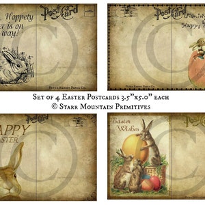 May include: Set of four vintage-style Easter postcards featuring bunnies and eggs. The postcards are 3.5 inches by 5 inches and are printed on textured paper. The text on the postcards includes "Hippely, Hoppety Easter is on it's way!" and "Wishing You a Happy Easter!"