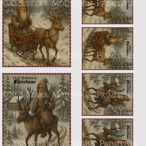 May include: Set of six Christmas-themed rectangular prints. The prints feature illustrations of Santa Claus in a sleigh and riding a reindeer, with text that reads "Merry Christmas" and "Olde Homestead Christmas". Each print is 4"x5" and 2.5" x 3".