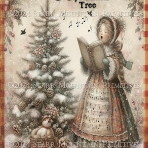 Primitive Bauernhaus Gingham Weihnachten Caroler O Weihnachtsbaum Song Printable Jpeg Digital Print Decoupage Label Hang Tag Karte Ornament 8x10