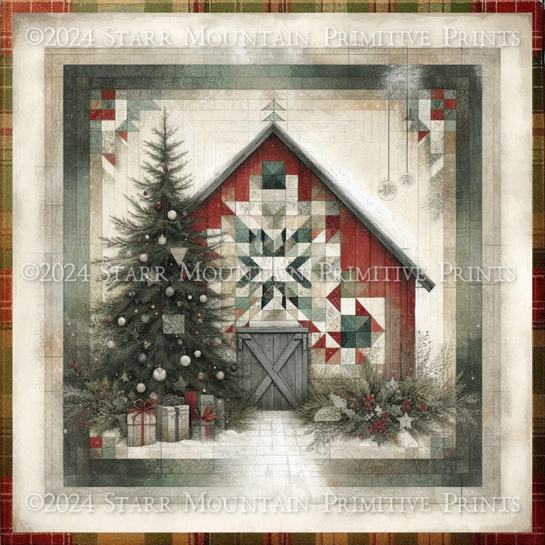 Primitive Farmhouse Rustic Christmas Barn Scene Quilt Block Square ...