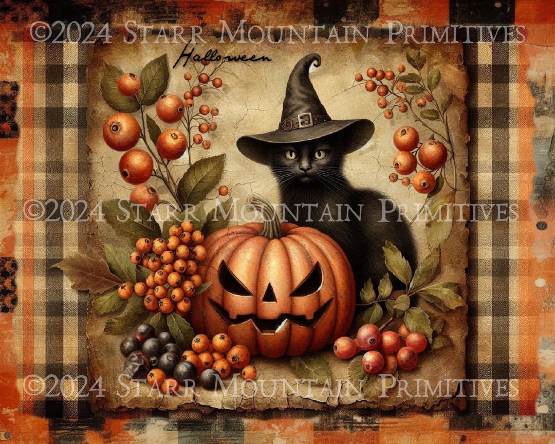 Primitive Halloween Black Cat Witch Hat Jack O Lantern Pumpkin ...