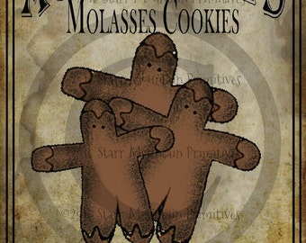 Könnte beinhalten: Ein Vintage-Druck mit braunem Hintergrund, der drei Lebkuchenmänner-Kekse und den Text "Aunt Minnie's Molasses Cookies Secret Family Recipe Since 1889" zeigt.
