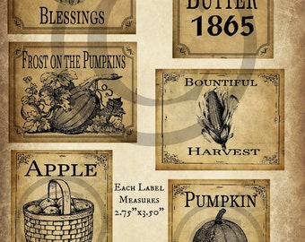 Primitive Autumn Fall Apple Pumpkin Harvest Pantry Logo Labels Jpeg Digital File for Crock, Jar, Pillows, Dolls, Ornies, Crates, Boxes