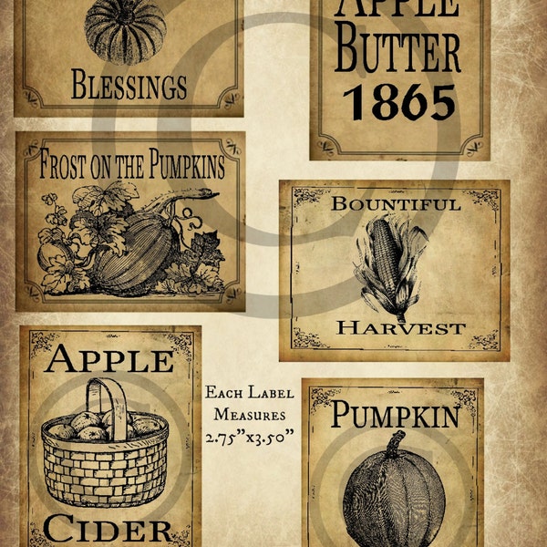 Primitive Autumn Fall Apple Pumpkin Harvest Pantry Logo Labels Jpeg Digital File for Crock, Jar, Pillows, Dolls, Ornies, Crates, Boxes