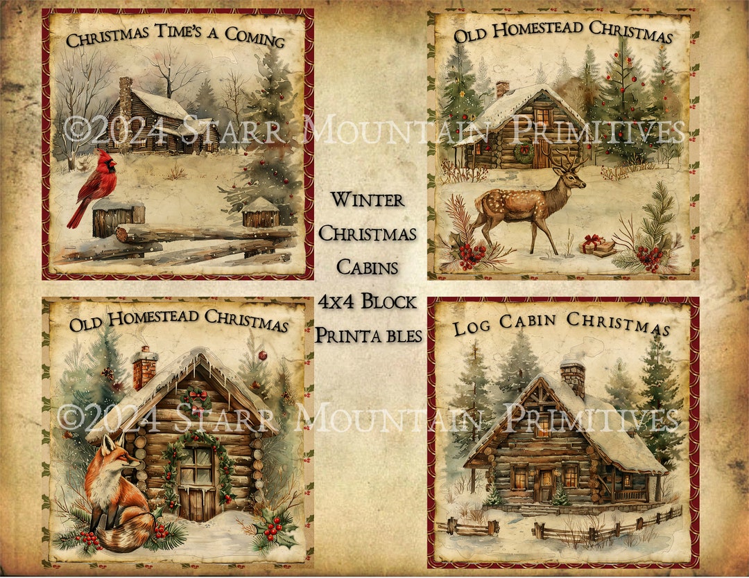 Winter Rustic Labels Primitive Rustic Country Log Cabin Christmas Winter Homestead Snow Deer ...