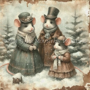 Primitive Victorian Christmas Winter Mice Mouse Printable Jpeg Digital Distressed Print Decoupage Label Hang Tag Ornament Canvas 8x10