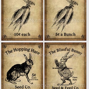 May include: Set of four vintage-style printable signs. Two signs feature carrots labeled "Rabbit Bait" and "Bunny Bait." The other two signs show a hare and a bunny with text. The signs are 4x5 inches.