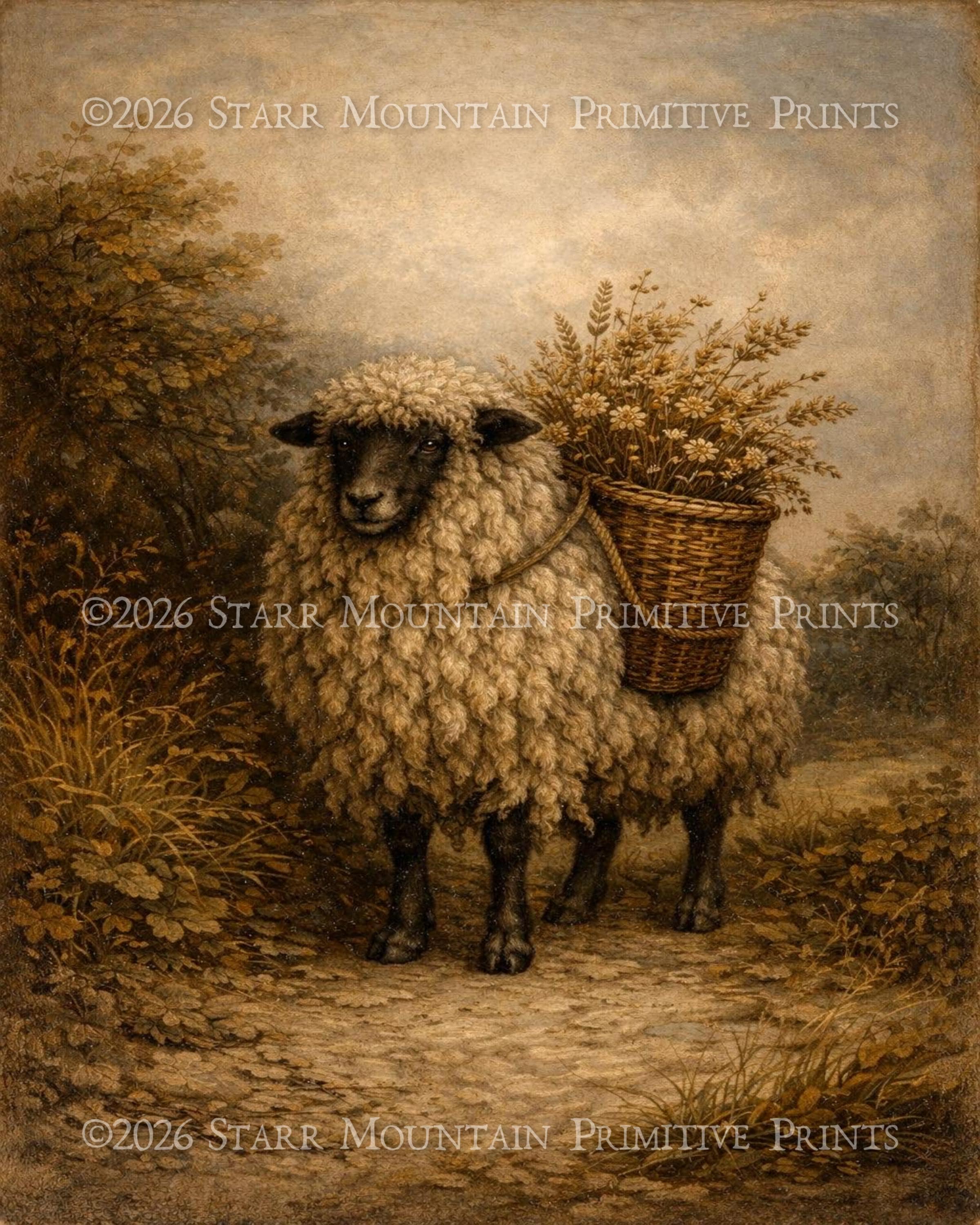 Primitive Vintage Farmhouse Sheep Florals Basket Printable Painting ...