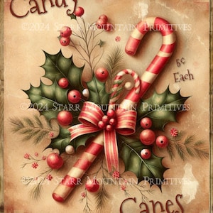 Primitive Farmhouse Grungy Candy Canes Christmas Holly Berries Gingham Printable Jpeg Digital Print Decoupage Label Hand Tag Ornament Canvas