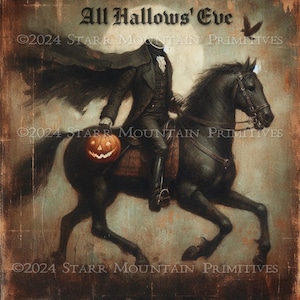 Primitivo Colonial Halloween All Hallows' Eve Headless Horseman JOL Placa Imprimível JPEG 8x8 Arte Digital Pintura Imagem Etiqueta Pendurada Impressão