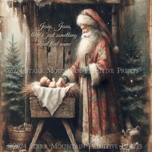 Primitive religieuse Noël crèche crèche bébé jésus père noël imprimable Jpeg 8 x 10 image numérique toile tag ornement aimant carte