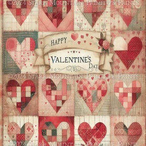 Corazones de patchwork primitivos para el día de San Valentín, Be Mine, 8 x 10, imagen digital, etiqueta para decoupage, etiqueta colgante, adorno, letrero, lienzo impreso, tarjeta