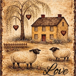 Può includere: Una stampa in stile rustico raffigurante una casa gialla con tetto marrone, un salice piangente con ornamenti a forma di cuore e due pecore. Le parole "Love Lives Here" sono scritte in corsivo. La stampa ha un aspetto vintage.