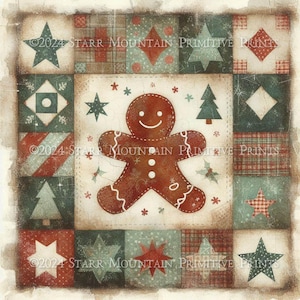 Może przedstawiać: Świąteczny kwadratowy nadruk z piernikowym ludzikiem otoczonym świątecznymi kwadratami patchworkowymi. Kwadraty przedstawiają gwiazdy, drzewa i wzory rombów w kolorach czerwonym, zielonym i kremowym. Widoczny jest tekst "©2024 STARR MOUNTAIN PRIMITIVE PRINTS".