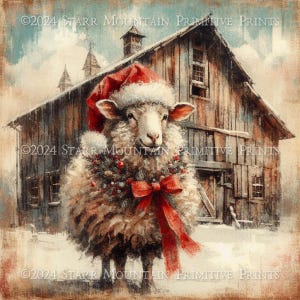 Primitieve boerderij kerst schapen in kerstmuts schuur afdrukbaar olieverfschilderij jpeg 300 DPI digitale kunst afbeeldingslabel hang tag 8 x 8 afdrukken canvas afdrukken