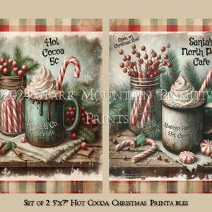 Primitive Farmhouse Hot Cocoa Chocolate Christmas Berries Peppermint Sticks Printable Jpeg Digital Print Decoupage Label Tag Sign Set 2 5x7