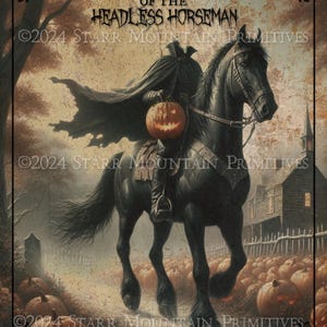 Primitivo Colonial Halloween Assustador Sleepy Hollow Cavaleiro Sem Cabeça JOL Placa Imprimível JPEG 8x10 Imagem Digital Etiqueta Pendurada Impressão Lona