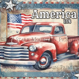 Primitive Patriotic Americana America 1776 Old Truck Flag Stars Printable Jpeg 300 DPI Digital Image Pillow Pantry Label Hang Tag Ornament
