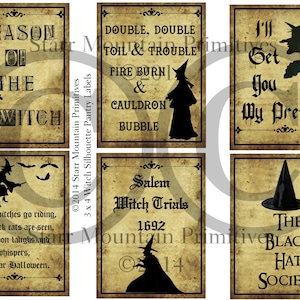 Silhueta de bruxa primitiva, provérbios, despensa, logotipo, etiquetas, jpeg, arquivo digital, jarra de crock, travesseiro, boneca, caixa de caixa, garrafa, etiquetas penduradas, artesanato