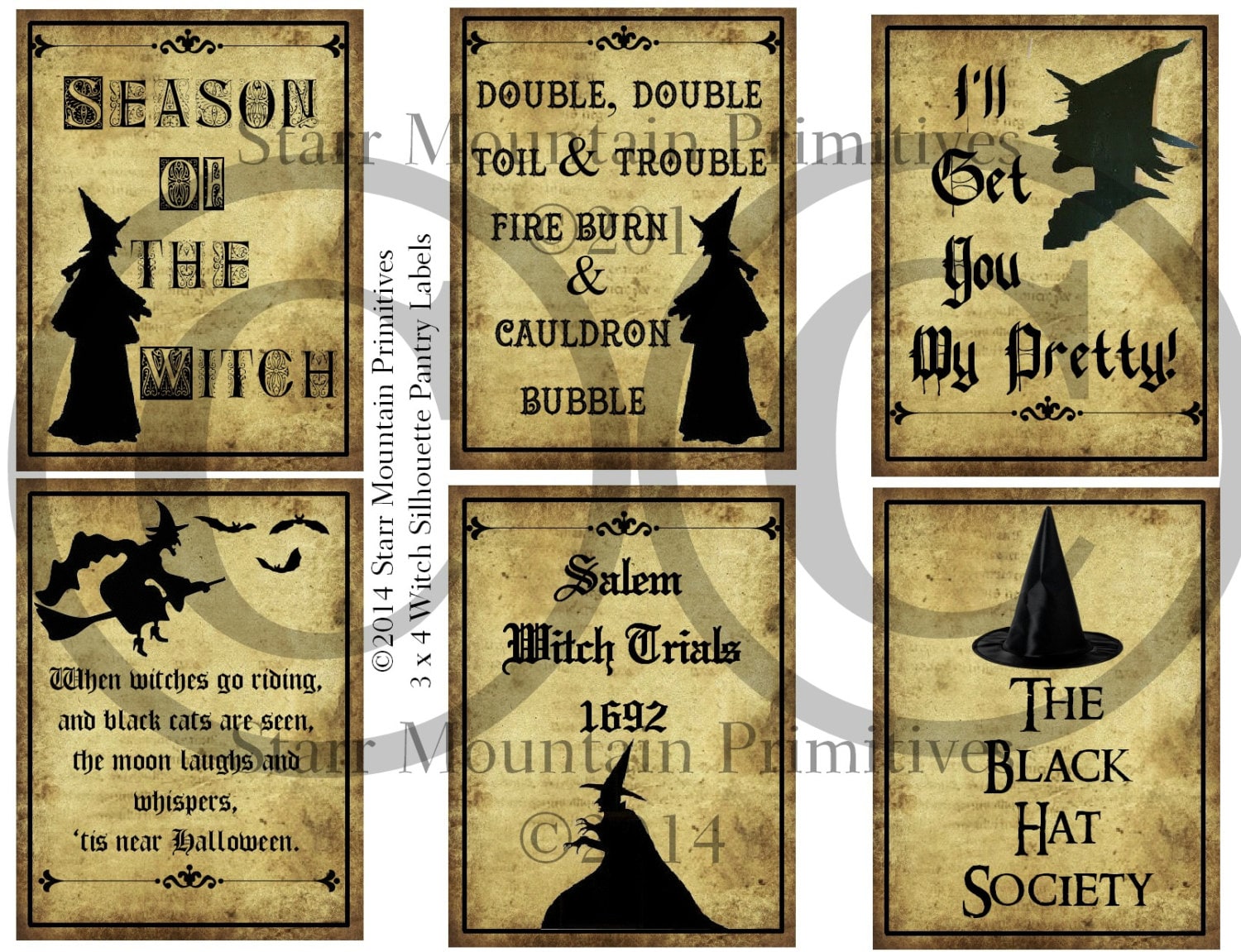 Primitive Witch Silhouette Sayings Pantry Logo Labels Jpeg Digital File Crock Jar Pillow Doll Ornies Crate Box, Bottle Hang Tags Crafts
