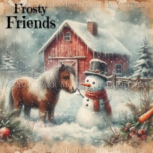 Primitive Gingham Land Weihnachten frostig Freunde Scheune Pony Schneemann Schnee Printable Jpeg Digitalbild Kissen Label Hang Tag Ornament Magnet