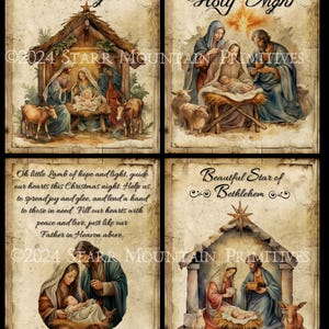 Crèche de Noël religieuse primitive, ensemble d'étoiles de l'enfant Jésus, Marie Joseph, étiquette imprimable numérique 10 x 15 cm, impression ornement, carte magnétique
