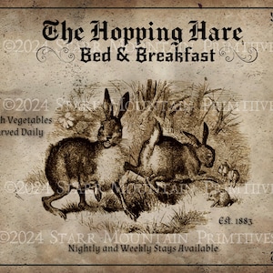 Primitieve Vintage Hopping Hare Bed and Breakfast Digitale 300 DPI JPEG Image Label Print voor ornamenten Magneten Canvas of ingelijste prints & meer