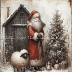 Primitive Farmhouse Grungy Old World Santa Claus Christmas Sheep Barn Printable 8x10 Jpeg Digital Print Decoupage Label Tag Ornament Card