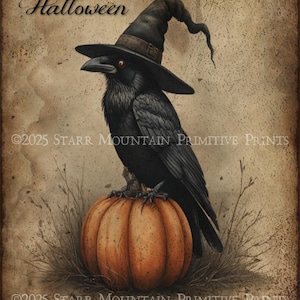 Primitive Grungy Halloween Raven Crow Witch Hat Pumpkin Printable Jpeg 300 DPI Digital Image Pantry Label Hang Tag Decoupage Print 8x10