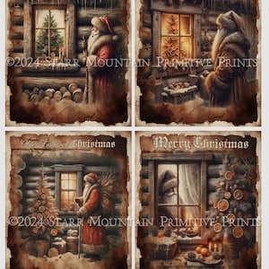 Może przedstawiać: Zestaw czterech świątecznych grafik w stylu vintage przedstawiających drewnianą chatkę z oknem i Świętym Mikołajem. Każda grafika ma wymiary 10,16 cm na 12,7 cm. Grafiki są zatytułowane "The Wonder of Christmas", "Olde Homestead Christmas", "Olde Fashioned Christmas" i "Merry Christmas".