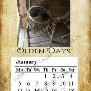 Primitive Vintage 2018 Printable Calendar Kit Olden Days Ladderback Chair Buttocks Basket add a Magnet use on Fridge Filing Cabinet Etc.