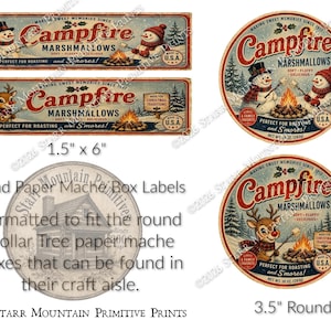 May include: A collection of rectangular and circular paper labels featuring vintage-style Campfire Marshmallows branding. The designs include illustrations of snowmen and a reindeer roasting marshmallows over a campfire, with text including 1.5" x 6" and 3.5" round dimensions.