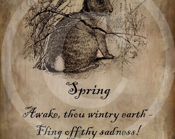 Primitieve Vintage Bunny Rabbit lente gedicht Print Jpeg digitale afbeelding Feedsack Logo voor kussens etiketten hangen tags magneten Ornies